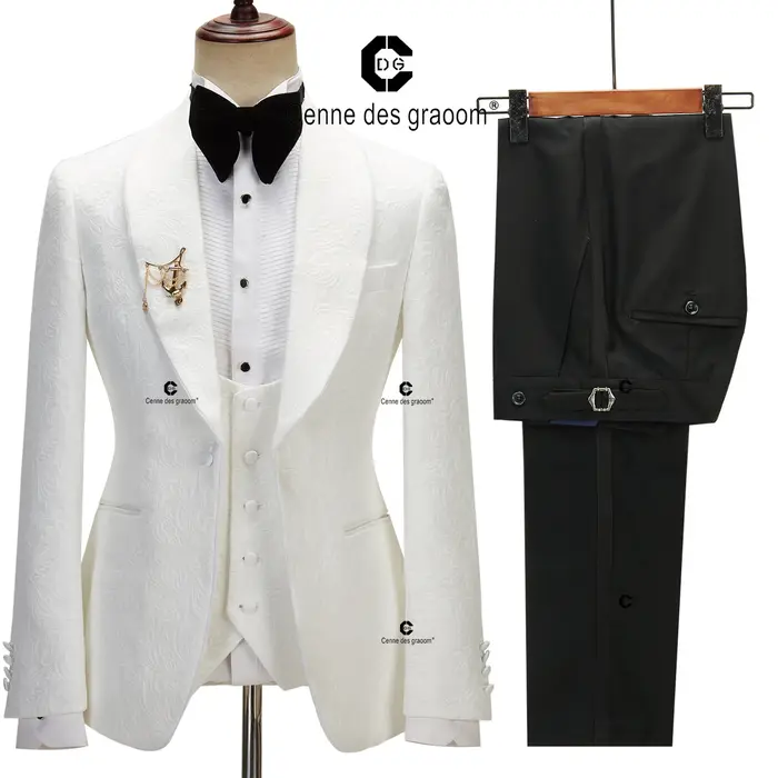 Cenne Des Graoom – costume pour hommes, veste Paisley ivoire, pantalon noir de smoking avec rayures 