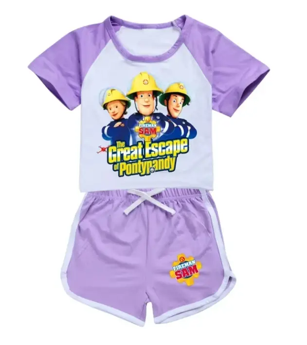 Survêtement Sam le Pompier à manches courtes pour enfants, tenue d'été pour garçons et filles, ensemble sportif pour les jours de jeu et les aventures spontanées