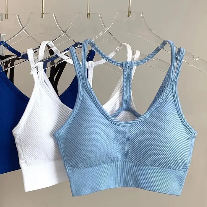 Débardeur de soutien-gorge de sport sans couture, extensible, dos nu, bretelles Spaghetti, avec cous