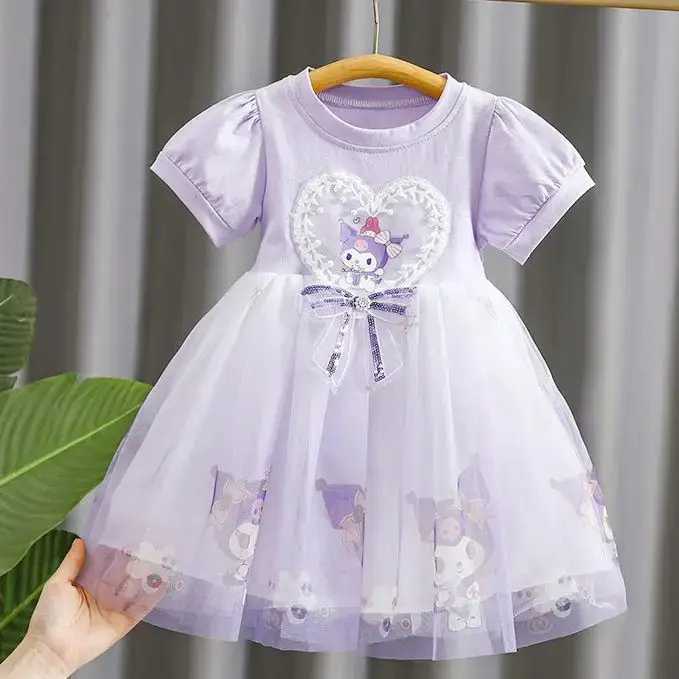 Robe de princesse en maille pour filles, tenue de princesse à manches courtes, motif dessin animé Ku