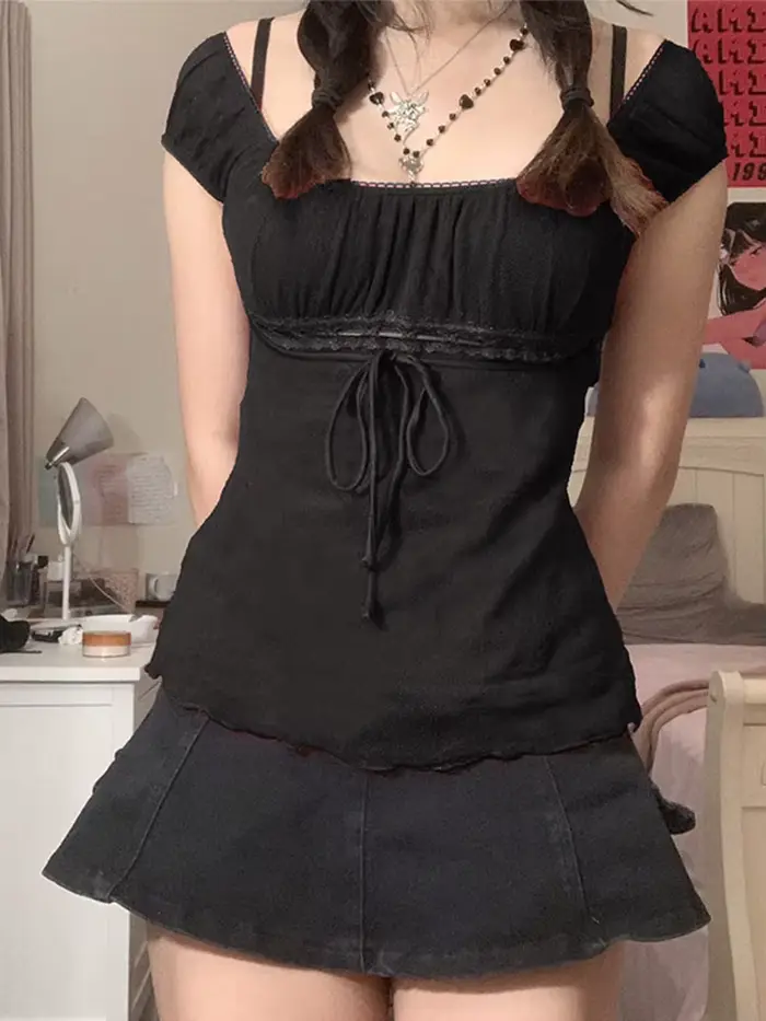 T-shirt en dentelle pour femmes, épaules dénudées, avec cordon de serrage, mode coréenne, fée Grunge