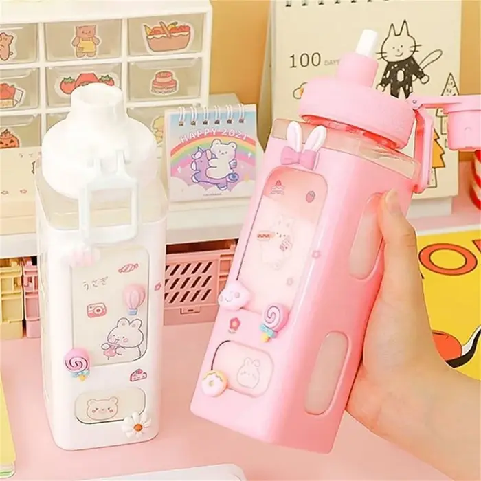 Bouteille d'eau Shaker Kawaii avec autocollant de paille, bouteille de boisson Portable en plastique