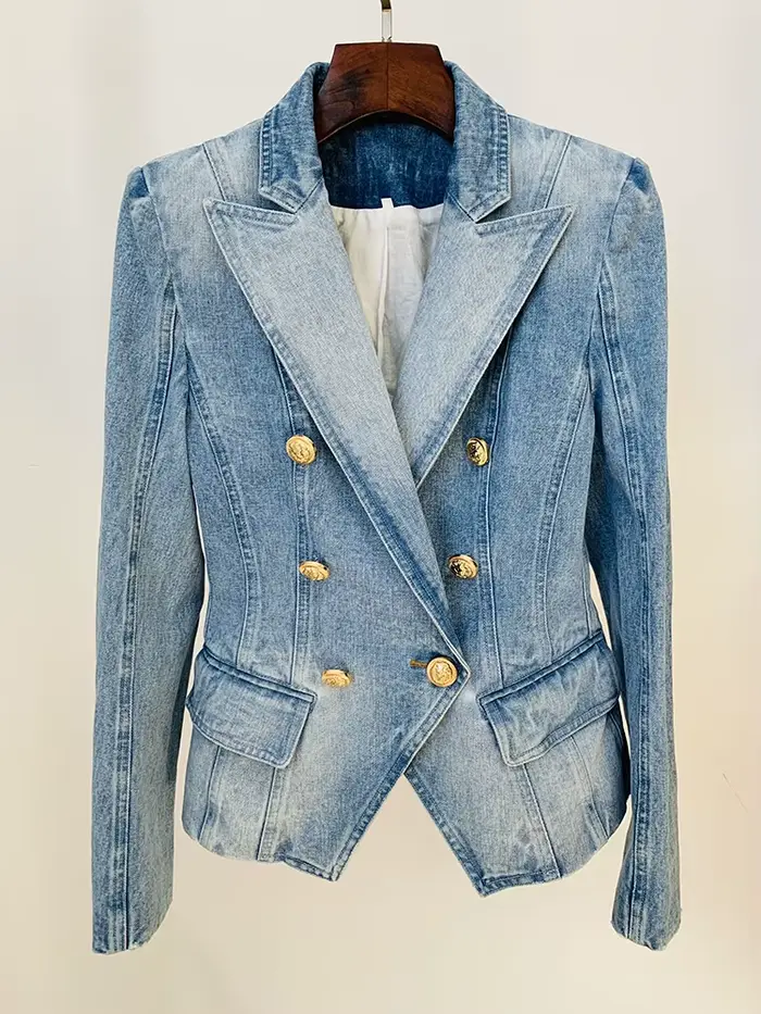 HIGH STREET Nouveauté 2026 Blazer en jean pour femme, coupe ajustée, croisé, avec boutons motif lion