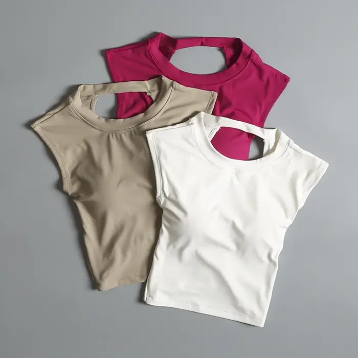 T-shirt sport femme dos nu fixe coussin poitrine - Haut yoga ajustement serré séchage rapide pour entraînement