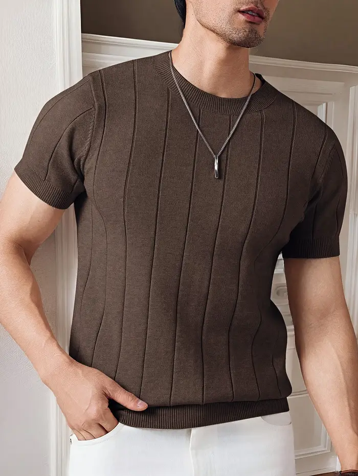 T-shirt tricoté slim pour homme, col rond, couleur unie, manches courtes, décontracté, business, ten