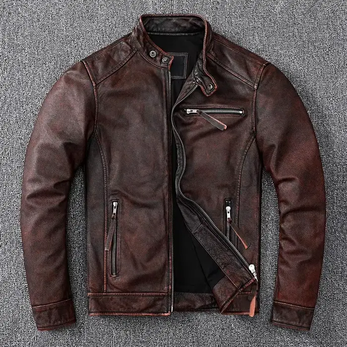 Veste en cuir véritable pour hommes, manteau marron vintage, style motard classique, court, mince, d
