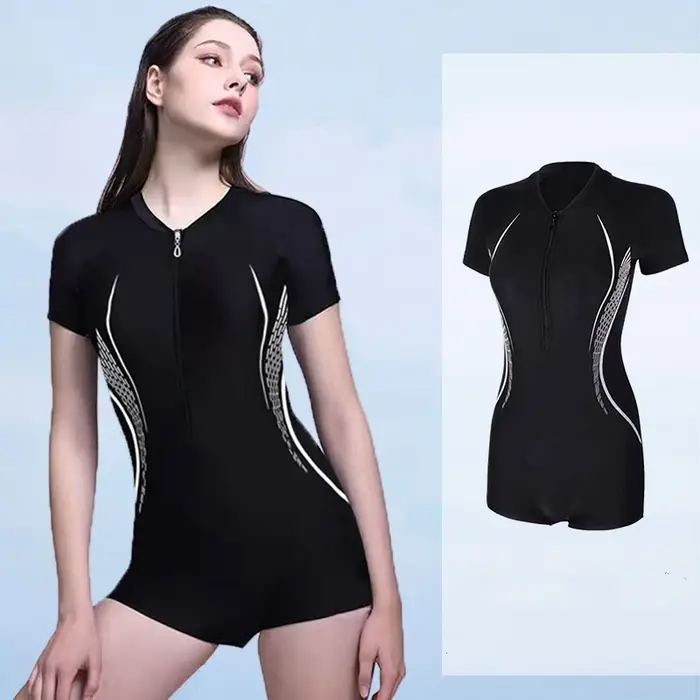 Femmes une pièce imperméable athlétique Protection solaire plage maillot de bain à manches courtes s