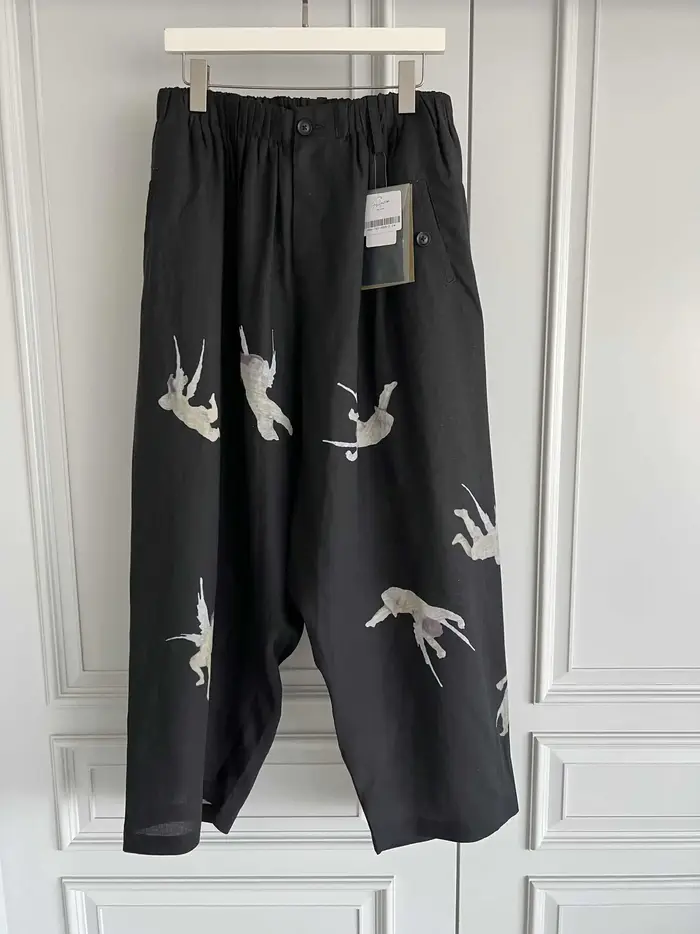 TOP-YAMAMOTO pantalon long imprimé ange design original pour hommes, pantalon décontracté en lin con