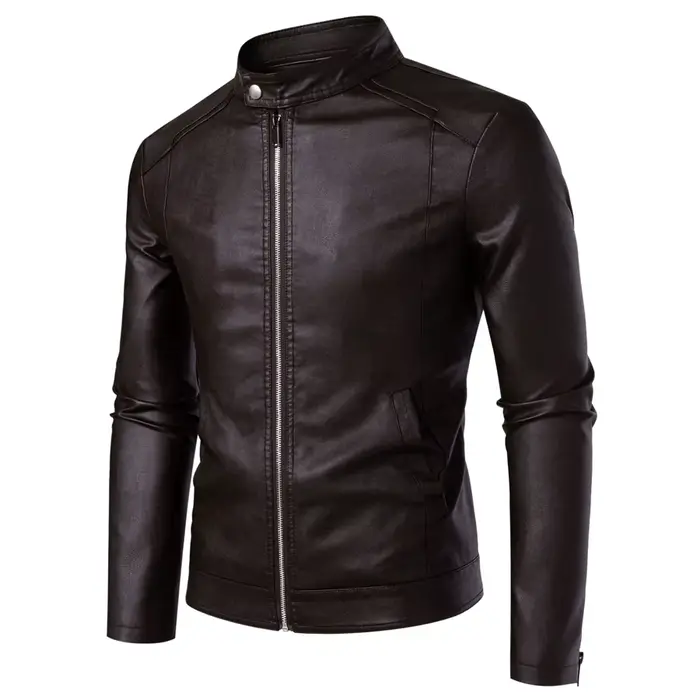 Blouson en cuir PU ajusté pour homme à col montant, style motard, tendance printemps-automne