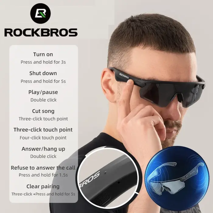 ROCKBROS Bluetooth lunettes polarisées cyclisme lunettes UV400 protéger appel téléphonique MP3 120 m
