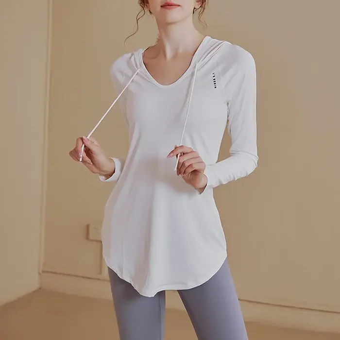 Chemise sport femme manches longues capuche séchage rapide pour yoga et running - Haut fitness
