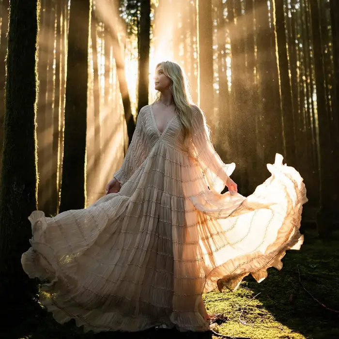 Robe longue bohème en tulle moelleux pour séance photo, robe de grossesse, manches longues, col en V