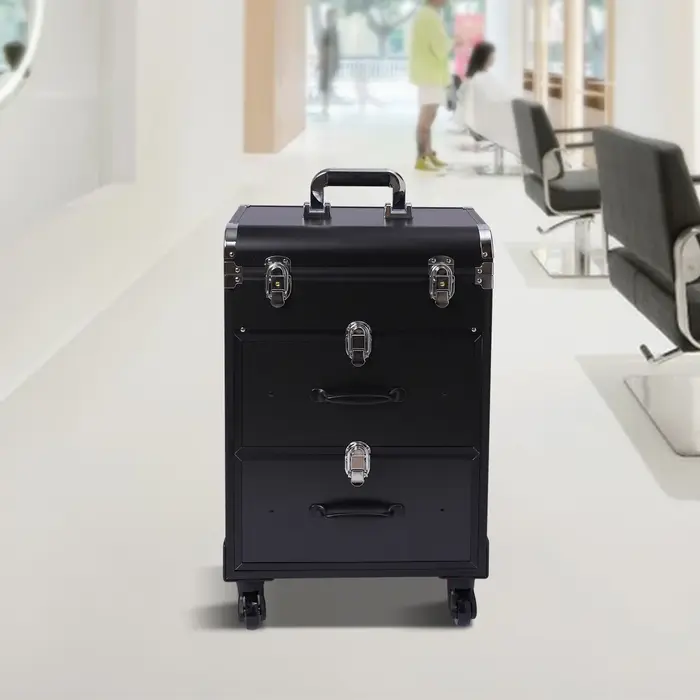 Valise à roulettes de maquillage à 3 niveaux, cadre en alliage d'aluminium, chariot cosmétique avec 