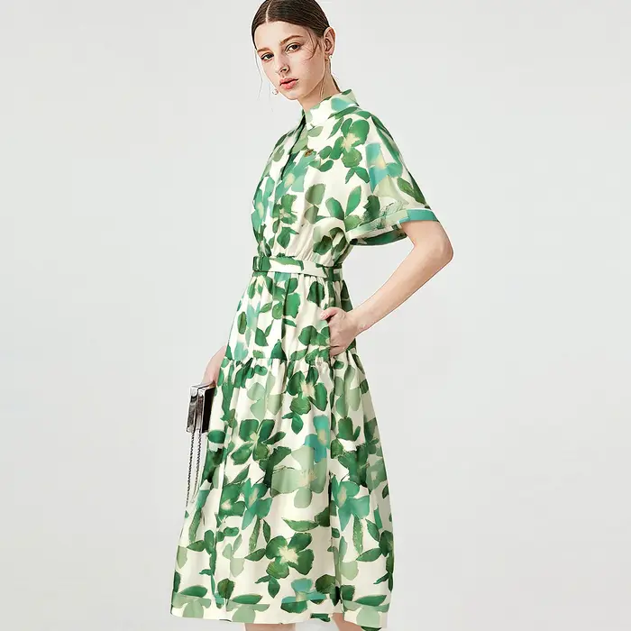 CHCH robe femme nouvelle robe longue femme imprimé fleur verte avec ceinture