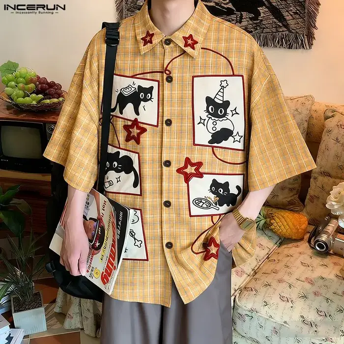 Chemise Homme INCERUN à Carreaux et Patchwork, Col Revers, Manches Courtes, Style Coréen Ample, Nouv