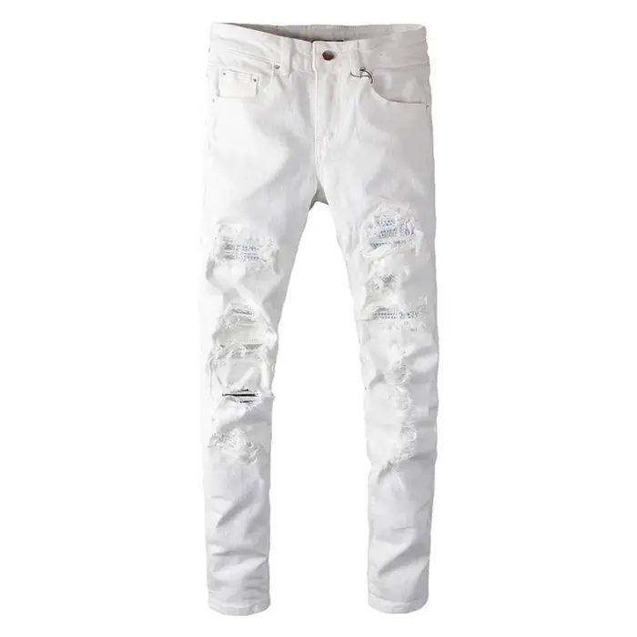 Sokotoo hommes trous de cristal blanc déchiré jean mode mince maigre strass Stretch Denim pantalon
