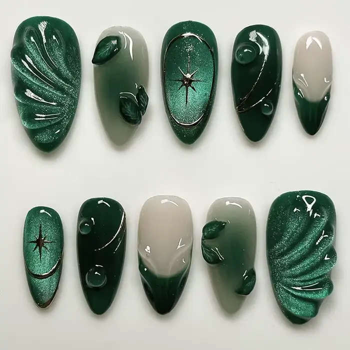 24 pièces 3D vert ondulation Design faux ongles oeil de chat français amande faux ongles conseils fe