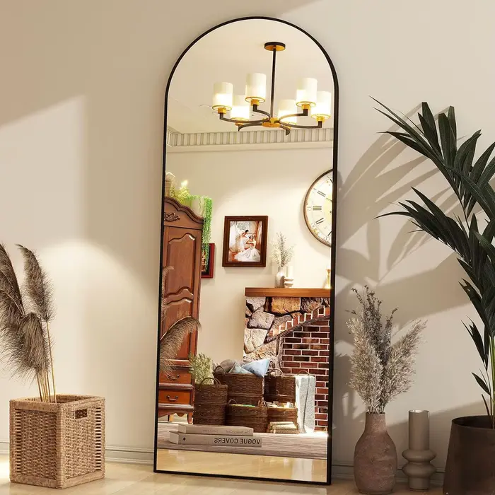 Miroir de sol en arc de 65 po x 24 po, miroir mural pleine longueur avec support – Cadre en alliage 