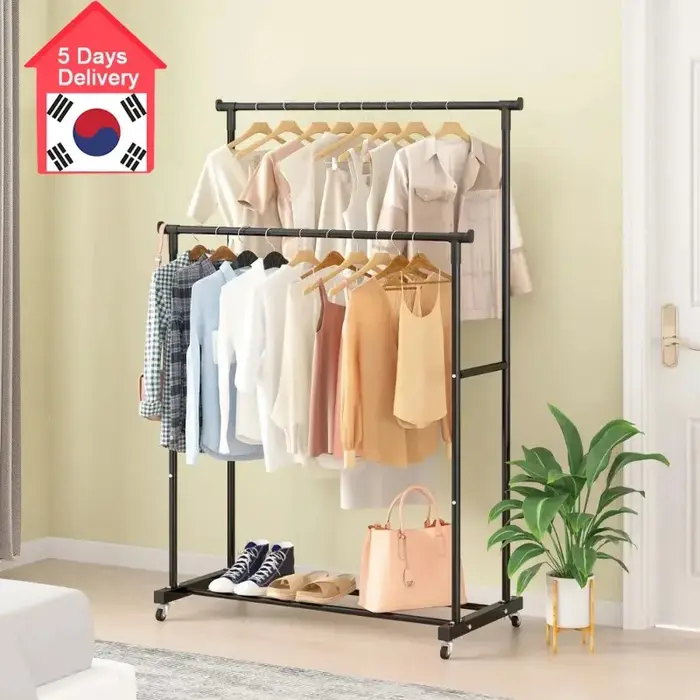 Porte-vêtements à double tige avec crochets et roulettes pour chambre à coucher rangement vêtements suspendu et mobile
