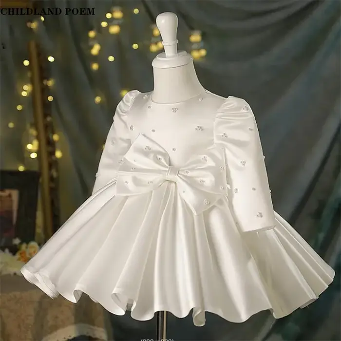 Robe de 1er anniversaire pour bébé fille, tenue de baptême à manches longues avec nœud Tutu, robe de