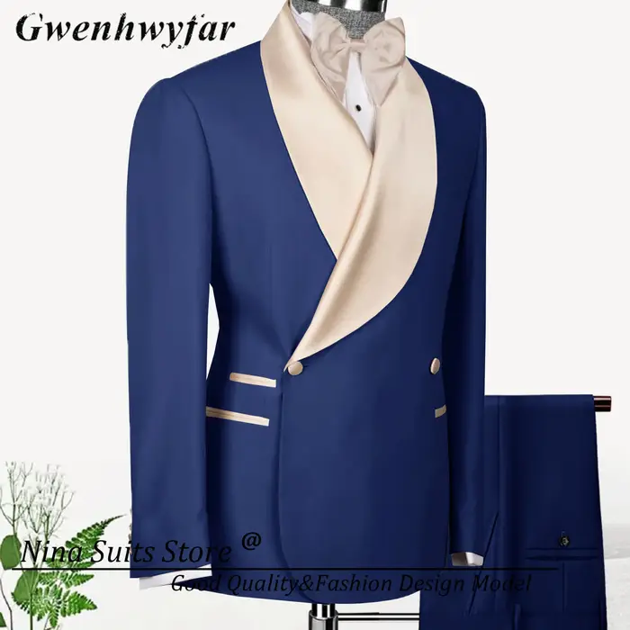 Nina Store – costumes à Double boutonnage pour hommes, Blazer bleu marine, pantalon formel à revers 