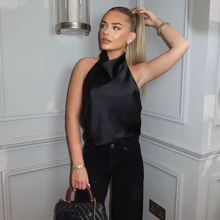 Hauts en satin pour femme, style licou, épaules dénudées, dos nu, sexy, sans bretelles, camisole de 