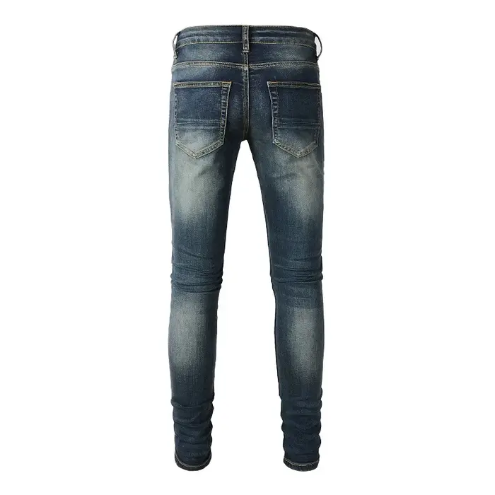 Jean en Denim pour hommes, patchs en cuir noir, Streetwear, pantalon slim conique, trous déchirés, p