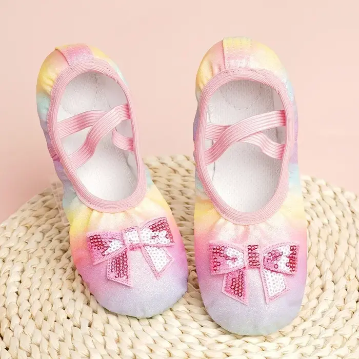 Chaussures de danse pour enfants filles ballerines chaussures arc-en-ciel nœud paillettes en cuir à 
