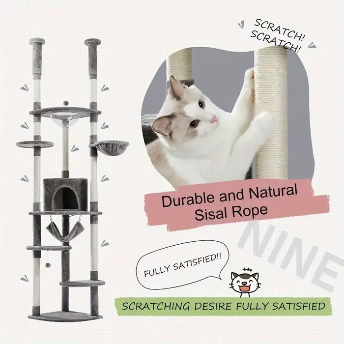 Arbre à chat du sol au plafond, 92.9 en effet-101.6, recommandé, tour à chat réglable, grande maison