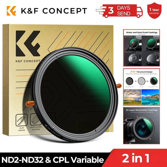 Filtre d'objectif 2-en-1 K&F CONCEPT ND & CPL ND2-ND32 (1-5 Stops) à densité neutre variable et pola