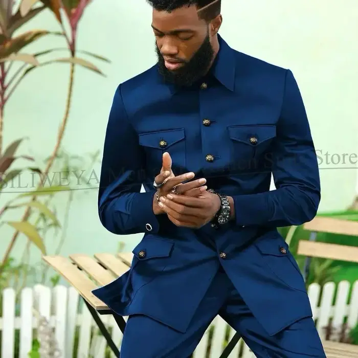 Costumes pour hommes 2 pièces mode col montant simple boutonnage costume couleur unie mariage smokin