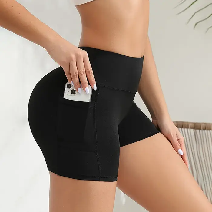 Short de yoga femme spandex taille haute avec poches pour entraînement confortable