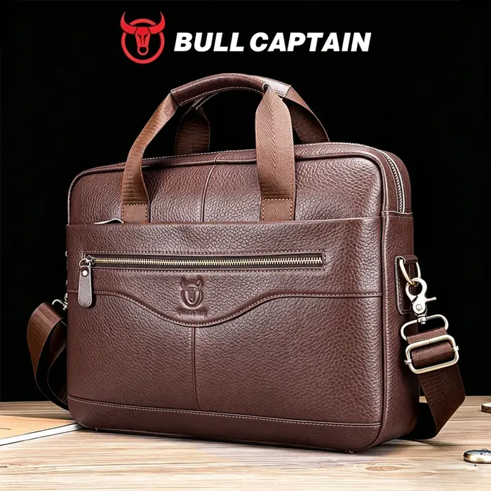 BULLCAPTAIN Sac à main en cuir véritable pour homme, sacoche de bureau portable pour ordinateur port