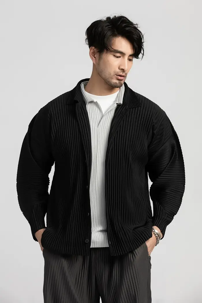 Miyake chemise plissée chemise à revers noir à manches longues t-shirt pour hommes manteau décontrac
