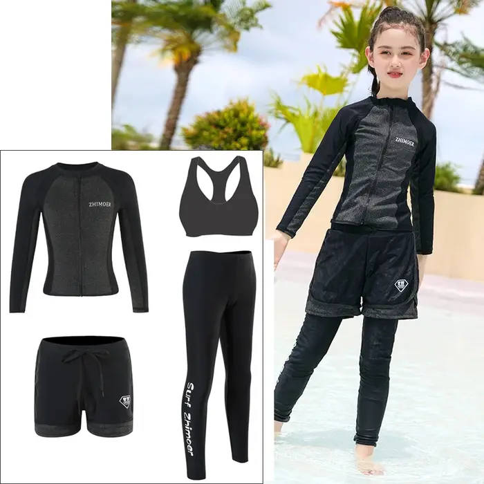 Filles jeunesse à manches longues maillot de bain quatre pièces anti-éruption maillot de bain hauts 