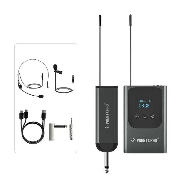 Phenyx Pro Système de microphone sans fil numérique unique avec 15 canaux UHF, émetteur Bodypack, mi
