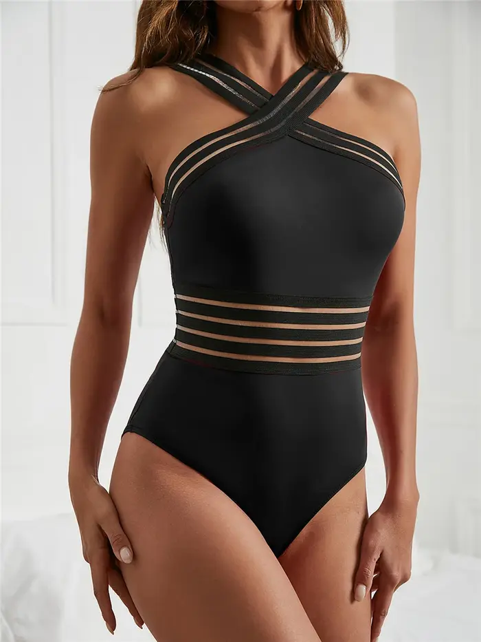 Maillot de bain une pièce bande maille unie - Sexy col haut croisé devant - Rembourré plage femme 2025