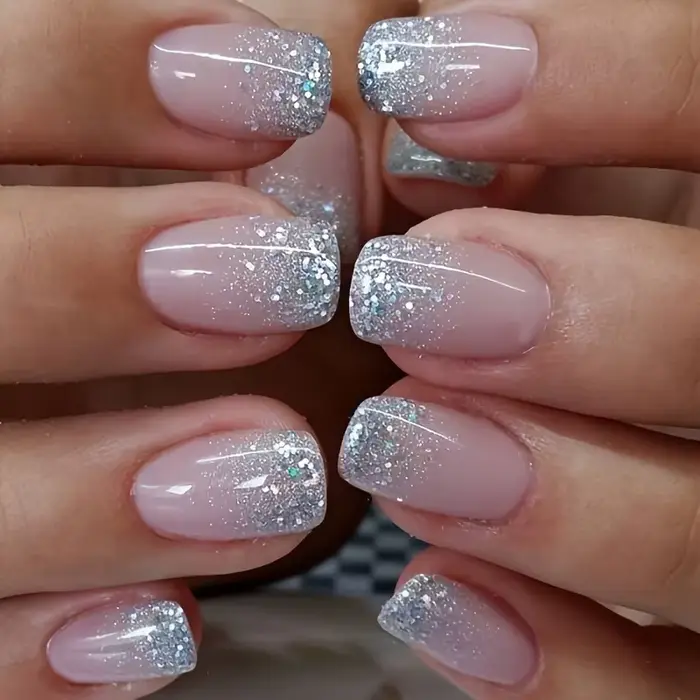 Faux ongles à paillettes pour femmes et filles, 24 pièces/ensemble, nickel é scintillant, rose, noir