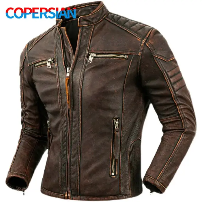 Veste de moto à col montant en cuir de vachette naturel pour hommes, vêtements de motard, marron rét