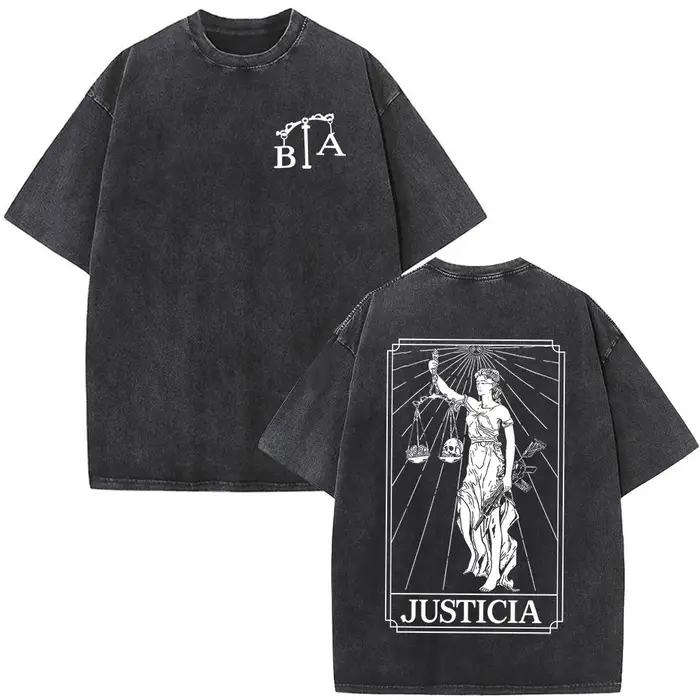 T-shirt vintage délavé Justicia Brothers in Arms à impression double face, vêtements pour hommes, t-