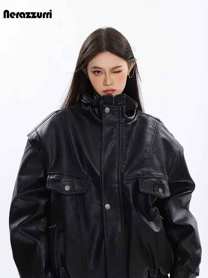 Nerazzurri – veste en cuir Pu noir pour femme, vêtement surdimensionné, coupe-vent, épais, fermeture
