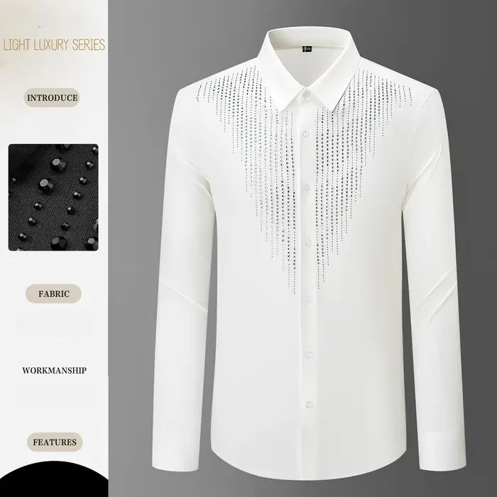 Chemise de luxe à manches longues avec strass pour hommes, robe de soirée pour Banquet social, burea