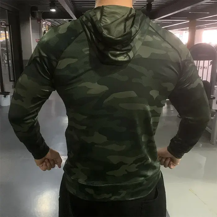 Veste à capuche compression homme plein air - Vêtement protection solaire gym fitness respirant pêche