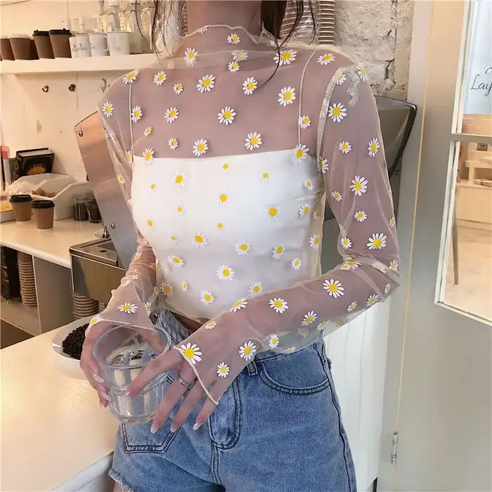 T-Shirt en maille ajourée pour femme, haut court à motif de fleur de marguerite, sexy, Transparent, 