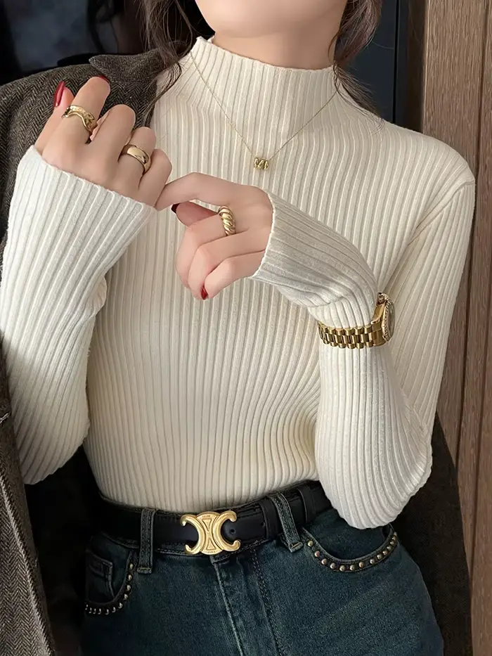 Pulls en maille unie slim chic pour femme, col roulé, manches longues, décontractés, chauds, basique