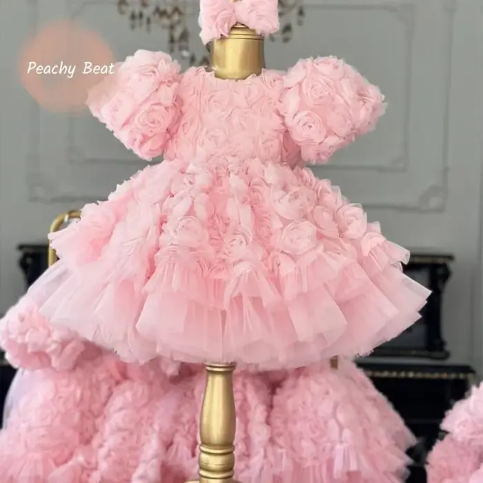 Robe Tutu princesse pour petites filles de 2 à 14 ans, motif floral 3D, Rose, pour fête de mariage, 