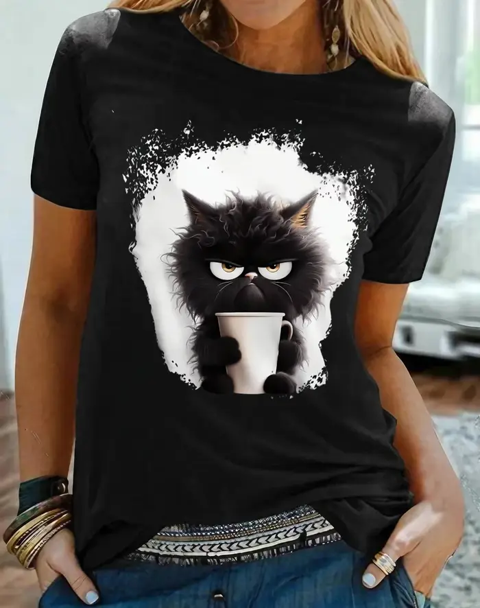 T-shirt femme t-shirt chat week-end quotidien noir imprimé manches courtes mode drôle col rond coupe
