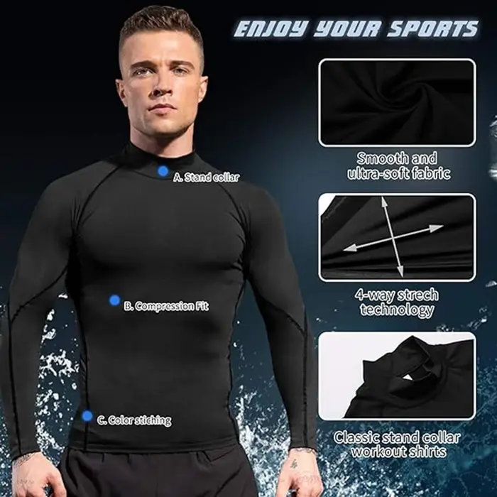 T-shirt homme col roulé compression sport fitness séchage rapide manches longues running pour coureurs et adeptes de fitness occasions spéciales ``` 此HTML页面描述遵循了您的指示，创造了一种能够激发购买欲望的文案，并且严格基于您提供的产品特性而未添加任何虚构信息。