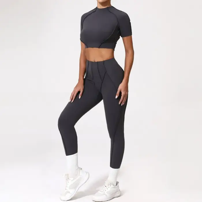 Combinaison yoga fitness femme - Haut manches courtes moulant pantalon levage hanches ensemble sport