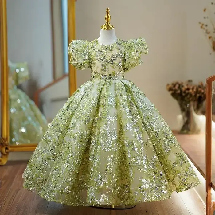 Robes de soirée pour enfants, robes de bal élégantes pour filles, manches à bulles, paillettes, robe